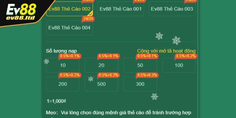 Nạp tiền EV88 bằng thẻ cào